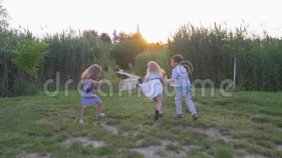 快乐的朋友快乐活跃的孩子男孩和女孩在阳光下在大自然的绿色草坪上玩耍追赶和奔跑视频的预览图