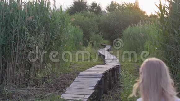 活泼开朗的小女孩穿着白色的衣服在绿油油的芦苇丛中沿着独木桥跑视频的预览图