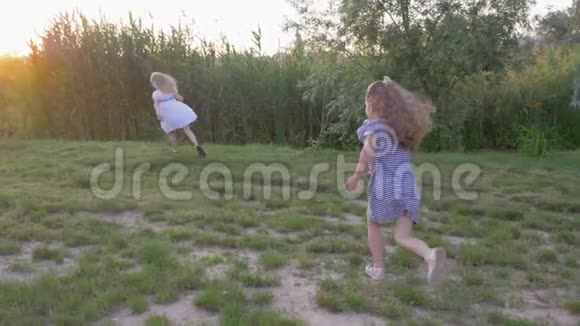 快乐的孩子活泼有趣的女朋友在阳光下在大自然的绿色草坪上玩耍追赶和奔跑视频的预览图