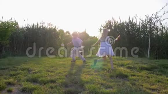 儿童游戏活跃有趣的儿童男孩和女孩与玩具风车玩追赶和运行在绿色草坪户外阳光视频的预览图
