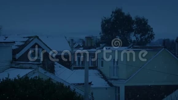 白雪中的房屋鸟儿在黄昏中飞来飞去视频的预览图