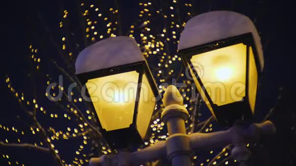 路灯柱上的灯被雪覆盖着冬天晚上的路灯下雪的天气视频的预览图