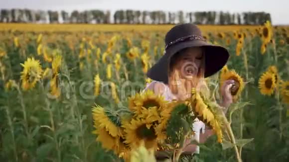 一个戴着帽子的漂亮女孩走在向日葵的田野里笑年轻漂亮的女人调情玩得开心视频的预览图