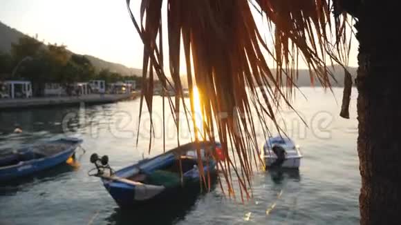 美丽的海景渔船漂浮在海面上背景是日落金色阳光视频的预览图