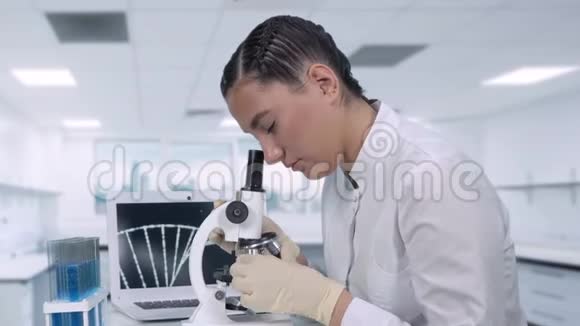 一位女实验室技术人员坐在现代医学实验室的笔记本电脑旁的桌子旁看生物样本视频的预览图
