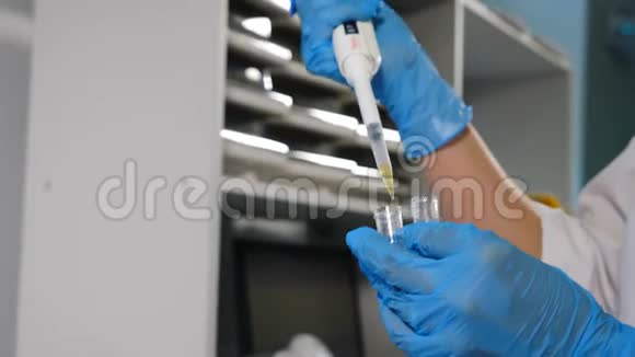 遗传学研究的现代医疗设备在蓝手套中使用微型吸管的特写手视频的预览图