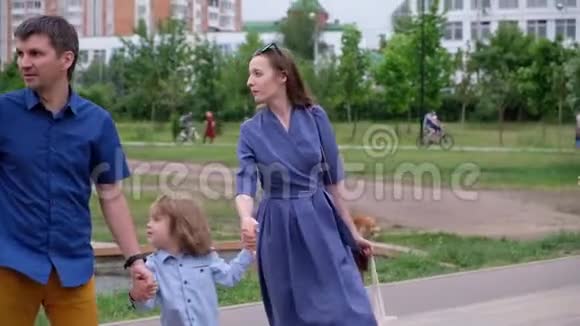 幸福家庭概念母亲父亲和小男孩在河边散步夏季户外活动视频的预览图