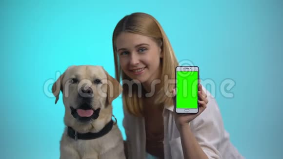 可爱的女人带着纯种狗在摄像机上显示手机宠物程序视频的预览图