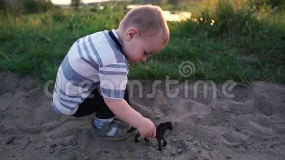 一个小男孩在沙滩上慢动作玩马玩具视频的预览图