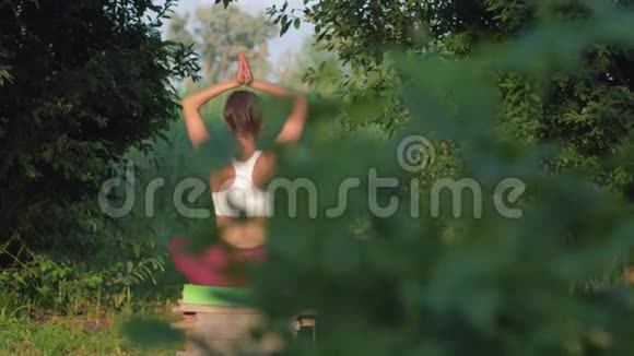 瑜伽运动莲座健身女孩做身体倾斜的运动坐在大自然的木桥上视频的预览图