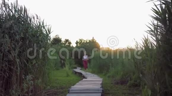 户外运动活动的女运动员身材优美日落时分在草地上的木桥上奔跑视频的预览图