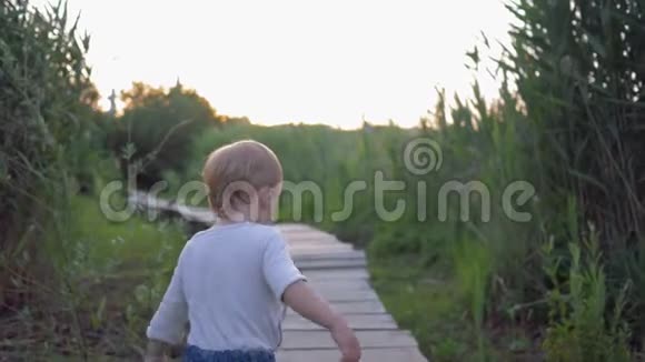 活泼可爱的小男孩光着脚在高高的植被中的露天木桥上行走视频的预览图