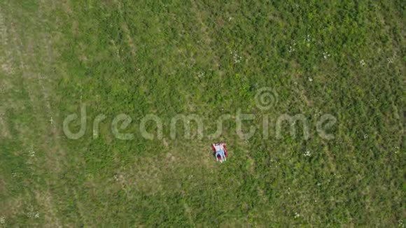 幸福的年轻夫妇躺在草地上摄像机慢慢地飞向他们从高空向下4K视频的预览图