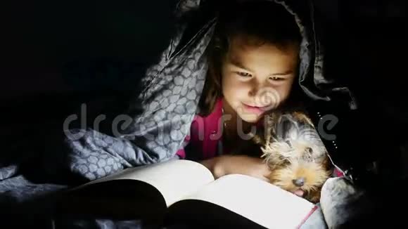 十几岁的孩子读书女孩晚上用手电筒在毯子下看书狗视频的预览图