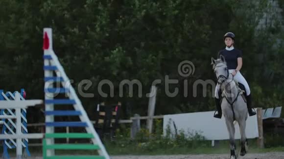 骑马的年轻女子在障碍物上跳跃慢动作比赛前训练马匹赛马马马马马视频的预览图