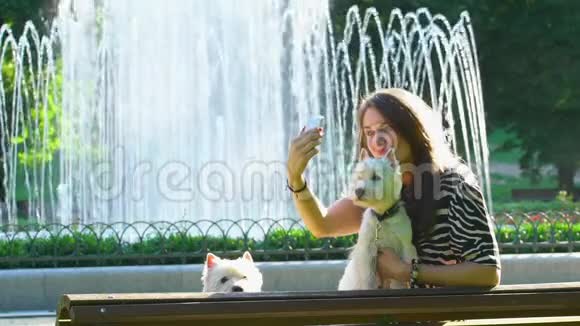 女孩和两只可爱的狗在公园喷泉附近自拍最好的朋友视频的预览图