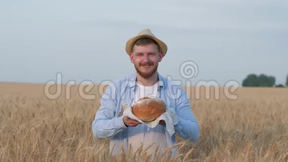 农民种粮员小伙子送你美味的自制面包微笑着在丰收的秋草甸视频的预览图