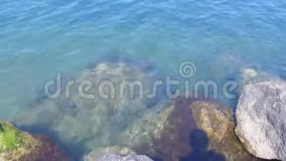 海水中的岩石和藻类在阳光明媚的日子里在海上的人的影子反射视频的预览图