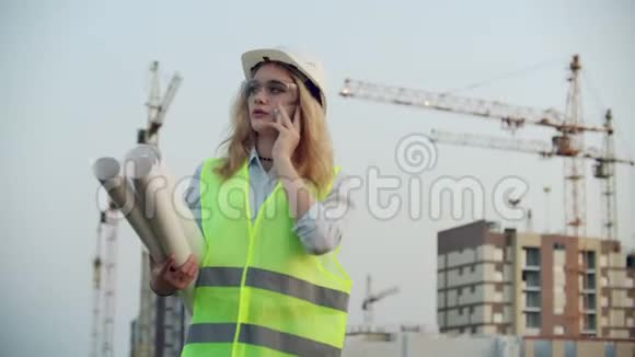 一位戴着头盔的女工程师在建筑背景下与起重机通话的肖像视频的预览图