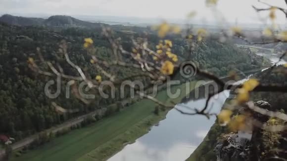 在一个阳光明媚的日子里秋天在瑞士撒克逊的巴斯蒂附近有彩色树木的景观巴斯蒂瑞士萨克森视频的预览图