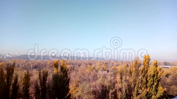 美丽的秋城丘陵景色还有一只会飞的森林鸟视频的预览图