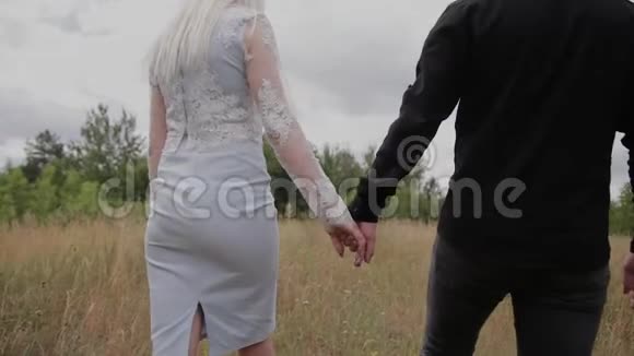 恋爱中的漂亮情侣牵着手走在田野里视频的预览图