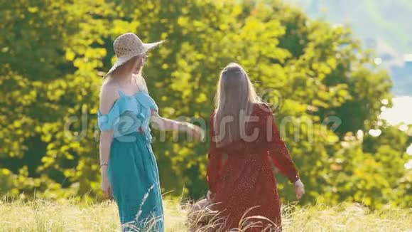 两个年轻女子在夏野上其中一个在旋转和大笑视频的预览图