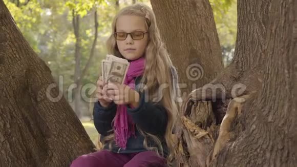年轻的金发白种人女孩戴着浅色眼镜数着钱想着在秋天公园里坐在树上视频的预览图