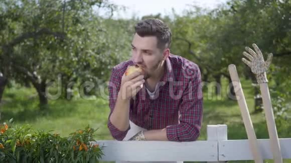 休息的年轻农民吃着美味的苹果站在前景夏天的花园在背景那个人在休息视频的预览图