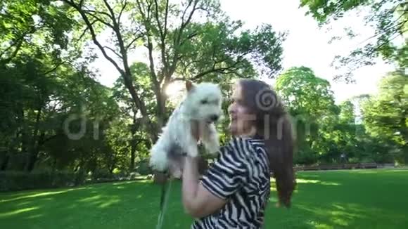 幸福的女人手里拿着宠物狗在阳光下转动手持射击视频的预览图