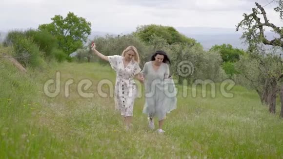 夏日里两个热爱自由无忧无虑的女孩携手走在田间的小路上视频的预览图