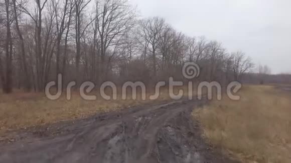 在一个阴天的秋天汽车在泥泞的乡村道路上行驶视频的预览图