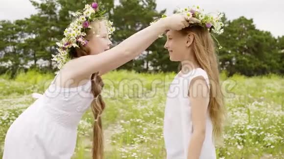 两个女孩戴着花圈在夏日盛开的草地上玩得很开心快乐少女玩花视频的预览图