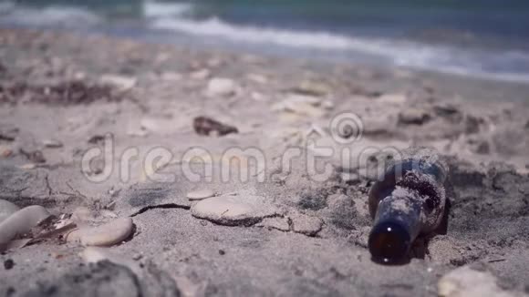 有人在海滩上留下一个空啤酒瓶视频的预览图
