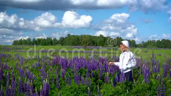 一个苗条美丽的女人在紫色的花朵中穿过草地在阳光明媚的日子里微笑视频的预览图