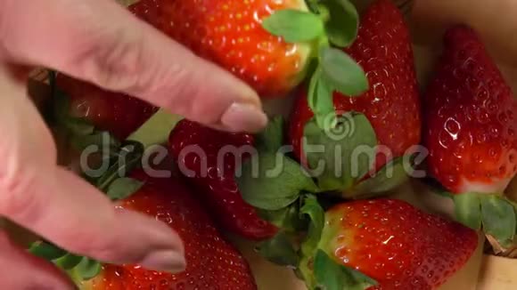 女人的手把成熟的草莓放在篮子里视频的预览图