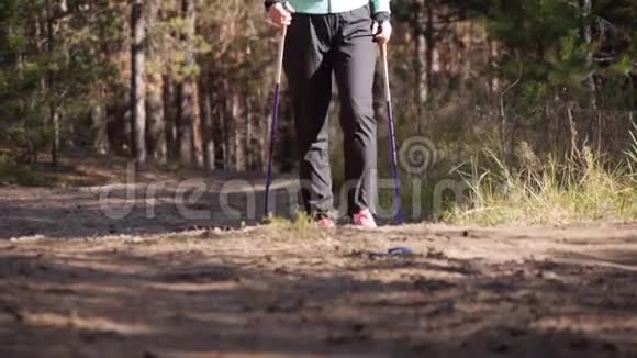 一个女人在秋天的森林里练习北欧行走的腿她正朝镜头的方向走去正面观点视频的预览图