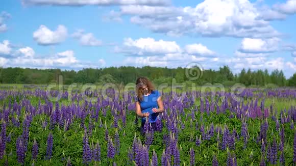 一个苗条美丽的女人在紫色的花朵中穿过草地在阳光明媚的日子里微笑视频的预览图