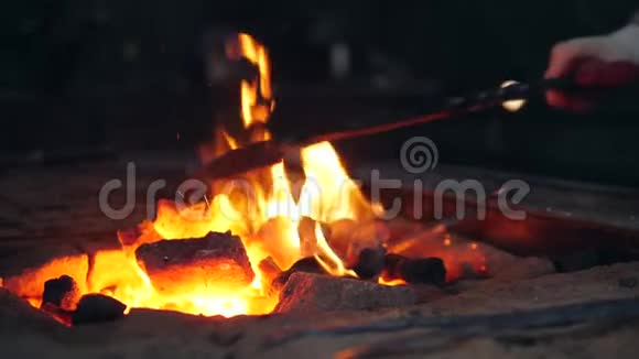 一个和拉比在一起的人正把煤混在篝火里视频的预览图
