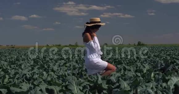 一个穿着白色裙子的女孩站在绿色的田野上视频的预览图