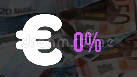 欧元货币符号和不断上升的百分比在纸币和硬币上填充粉红色视频的预览图