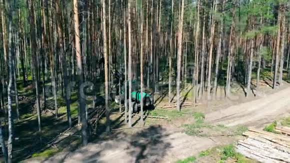 伍兹收割现场上面有一台工作机器砍伐森林森林砍伐的概念视频的预览图