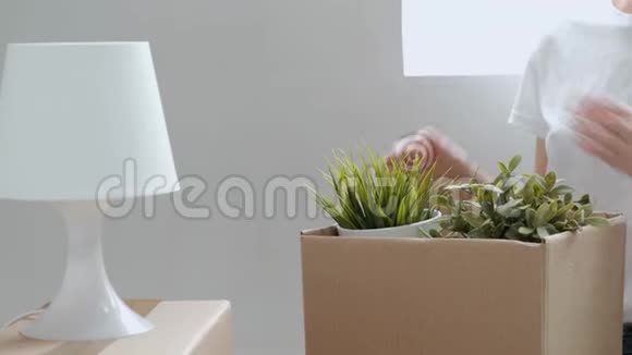 一个穿牛仔裤和白色T恤的女人从纸板箱里拿东西和绿色植物女性手的特写视频的预览图