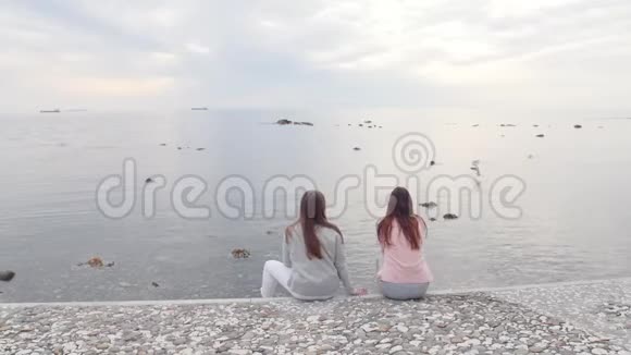 两个年轻的女朋友坐在码头上海鸥坐在岩石上视频的预览图