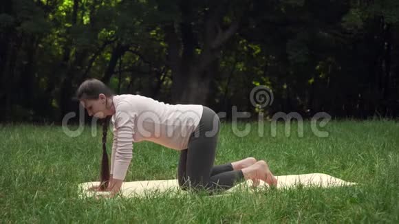 孕妇在公园的地毯上做瑜伽单膝站立做小腿肌肉伸展视频的预览图