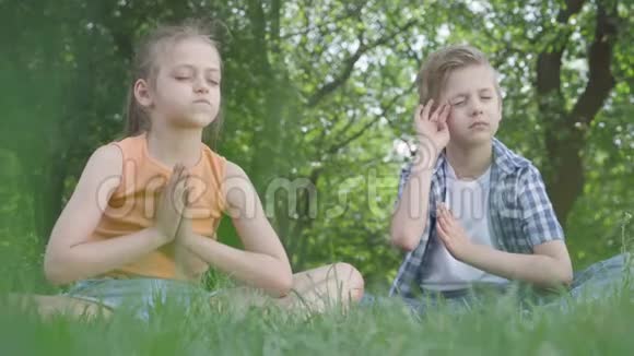 肖像漂亮可爱的小女孩和坐在草地上沉思的英俊男孩孩子们在瑜伽这就是视频的预览图