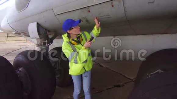 女肖像专家机械师在飞机起飞前进行技术检查视频的预览图