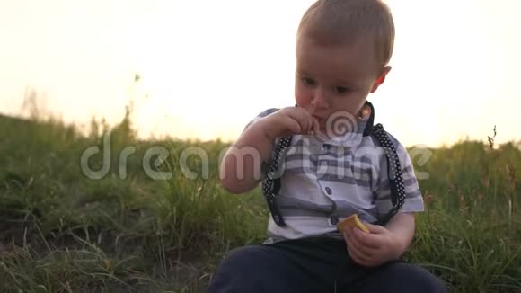 小男孩坐在草地上在阳光明媚的夏天慢吞吞地吃饼干视频的预览图