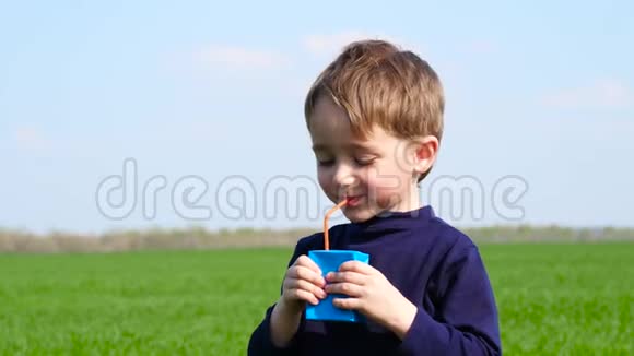 一个快乐的孩子从一个未知的制造商的纸包中喝果汁这个男孩在户外喝酒的概念视频的预览图