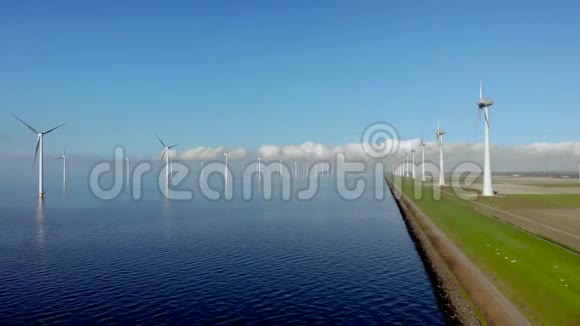 荷兰伊塞尔梅尔湖旁的一排风车可再生能源风车农场弗列沃兰视频的预览图